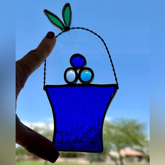 Stained glass sun catcher. Handmade blue basket of eggs. EUC. Easy to hang. - Picture 2 of 9